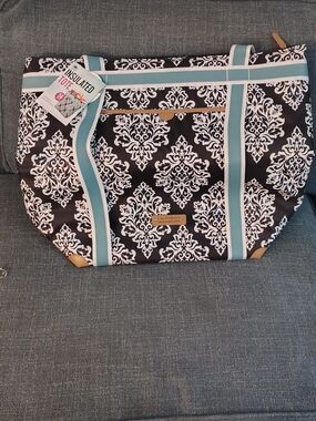 Insulated Black & White Damask Tote with Aqua Trim by California Innovations